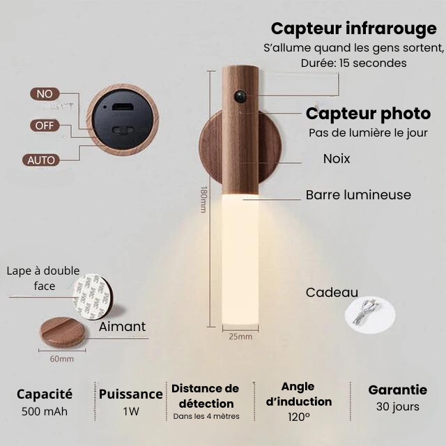 Veilleuse Bois LED à Capteur