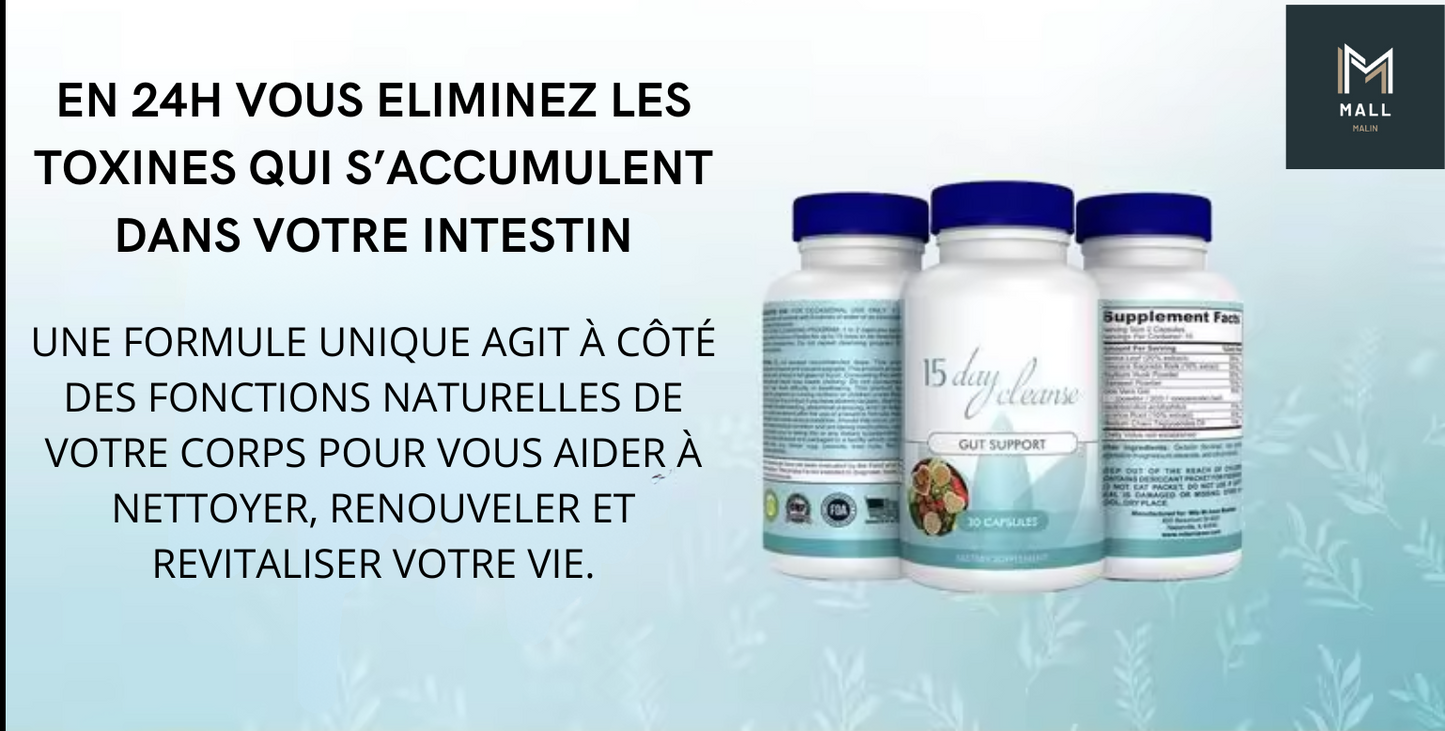 NETTOYAGE DE 15 JOURS - SOUTIEN DE L’INTESTIN ET DU CÔLON | SANS CAFÉINE | FORMULE AVANCÉE AVEC DU SÉNÉ, DE LA CASCARA SAGRADA ET DE LA COSSE DE PSYLLIUM | SANS OGM | FABRIQUÉ AUX ÉTATS-UNIS | 30 GÉLULES