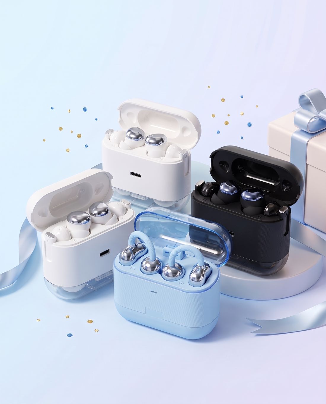 Boîtiers d’écouteurs blanc, bleu et noir présentés comme un cadeau