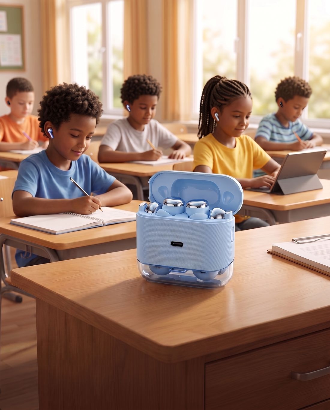 Des élèves en classe avec un boîtier de six écouteurs