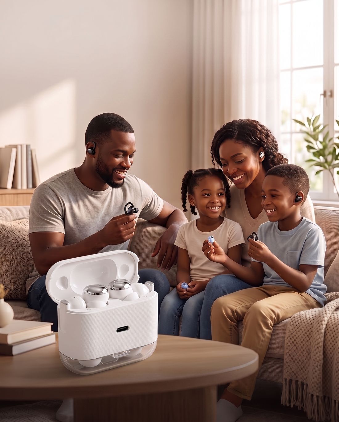 Une famille africaine souriante partage les écouteurs d’un boîtier blanc MallMalin